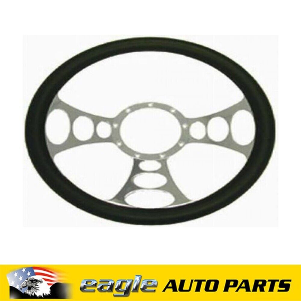 14" CHROME BILLET " ORBITER " STYLE STEERING WHEEL WITH LEATHER GRIP # R5615