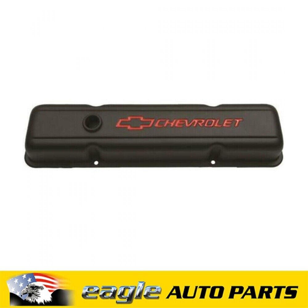 Chev 350 Rocker Covers, Stock Height, Steel Black Wrinkle, Chev Logo ...