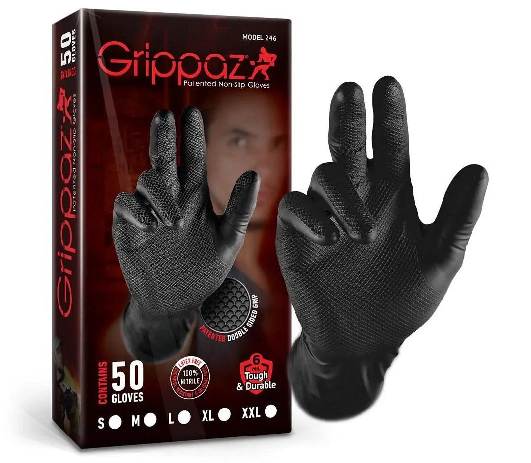 Grippaz Black Premium Nitrile Gloves 50pcs None Slip Heavy Duty Mechanic Large