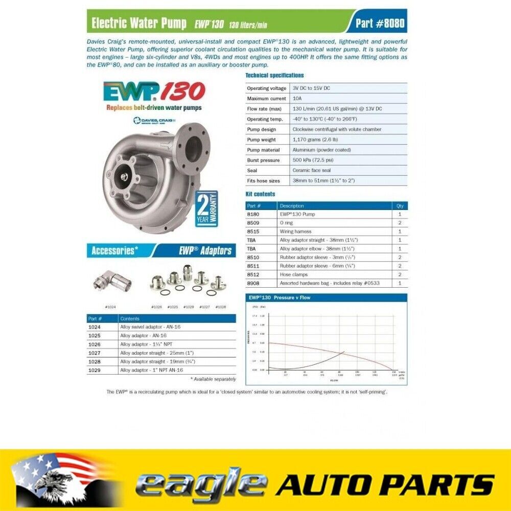 DAVIES CRAIG Water Pump EWP130 ALLOY KIT (12V)   Suite - 4WD, V8  # DC8080