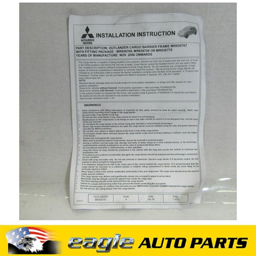 MITSUBISHI ZH OUTLANDER 4WD LS WAGON REAR CARGO BARRIER 2009 - 2012 # MR936767